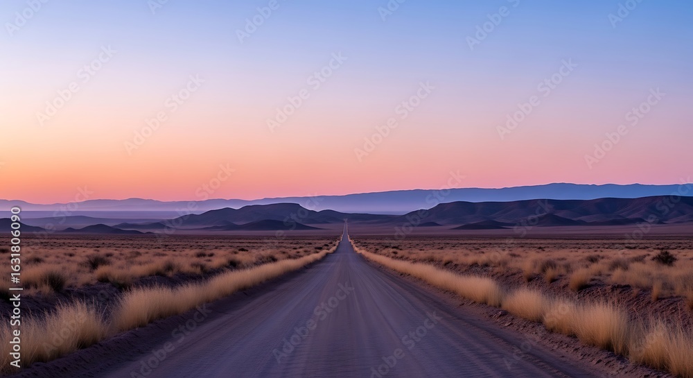 Fototapeta premium Photo of desert road leading to the horizon at sunset