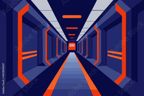 Futuristic sci fi corridor with orange accents and blue walls