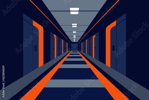 Futuristic sci fi corridor with orange accents and striped floor