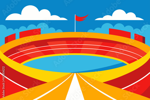 Vibrant stadium with running tracks and blue sky
