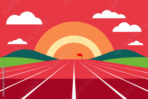 Red running track leading to a flag at sunset