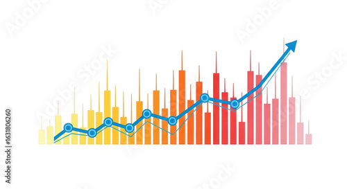 Upward trend financial bar chart with blue line graph isolated on transparent background