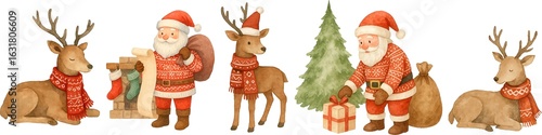 Tableau sur toile Holiday watercolor PNG set featuring Santa Claus, reindeer, Christmas tree, fireplace, stockings, gifts