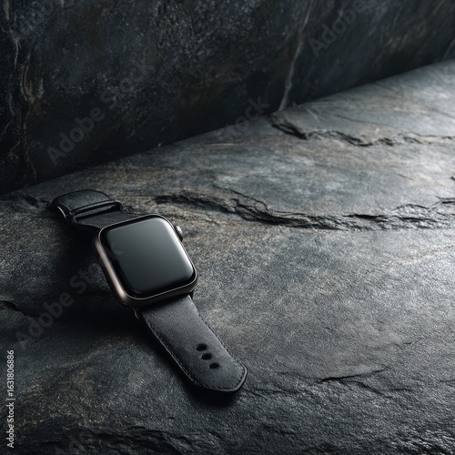 Dark smartwatch on stone, tech background. Lifestyle product shot