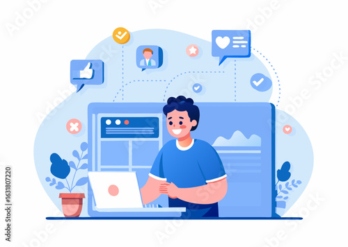 A person creating a social media post image. Cartoon style. Vector illustration.