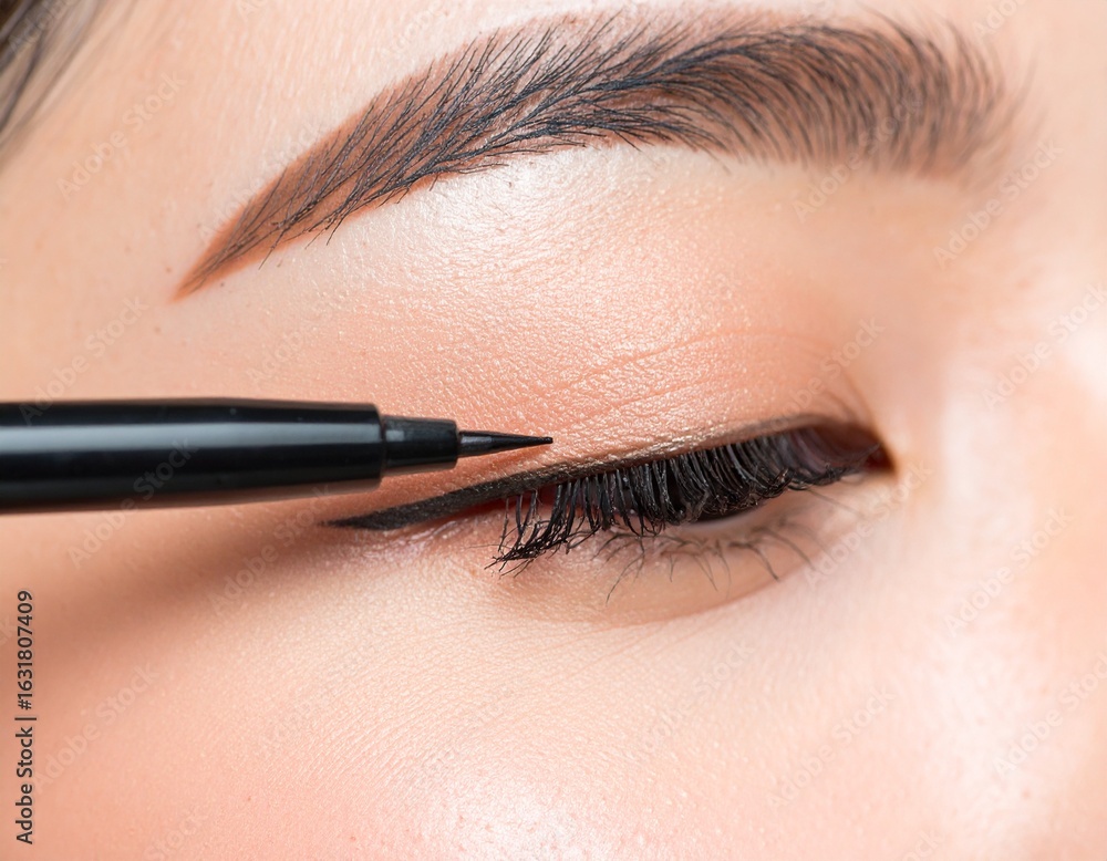 Naklejka premium A close-up of a woman's eye while applying a perfect winged eyeliner. A concept of precision and beauty
