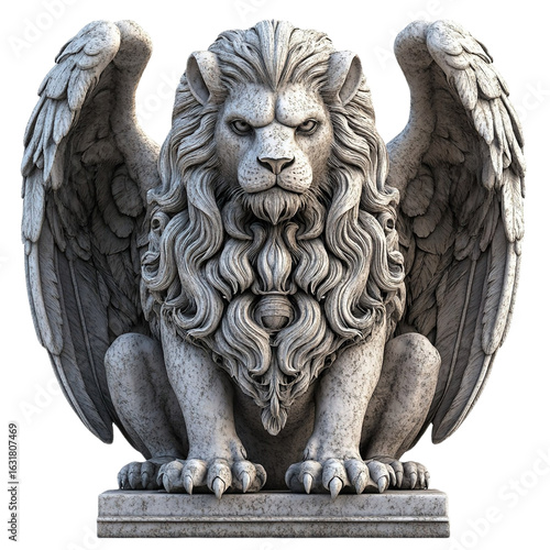 Front view of a chimeric gargoyle with a lion's head and eagle's wings isolated on a white transparent background