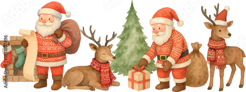 Vector Holiday watercolor set featuring Santa Claus, reindeer, Christmas tree, fireplace, stockings, gifts. Cozy watercolour minimal illustration for cards, decorations, winter scenes.