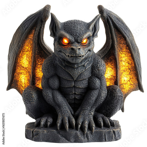 Front view of a fiery gargoyle with flaming wings and glowing eyes isolated on a white transparent background