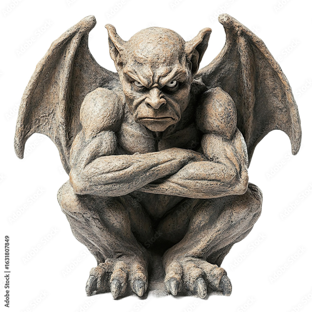 Fototapeta premium Front view of a guardian gargoyle with a stoic expression and crossed arms isolated on a white transparent background