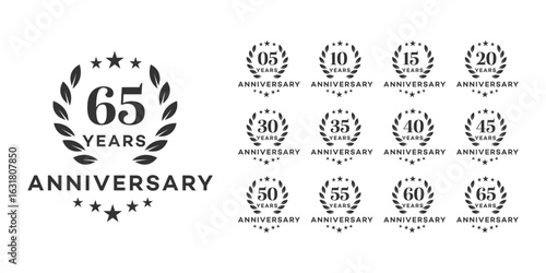 Anniversary Laurel Wreath Logos  5, 10, 15, 20, 30, 35, 40, 45, 50, 55, 60, 65 Years Design Set