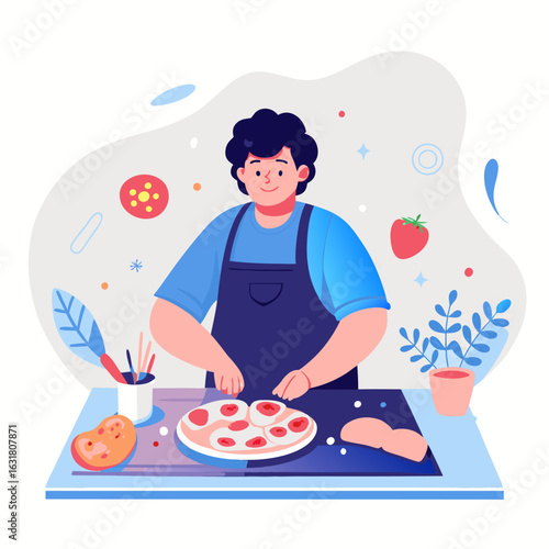 A person making homemade pizza image. Cartoon style. Vector illustration.