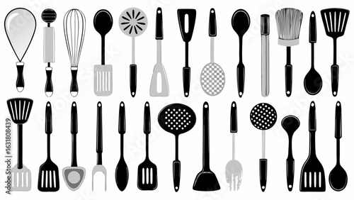 Illustration of various kitchen utensils including spatulas spoons whisks and skimmers arranged in rows silhouette