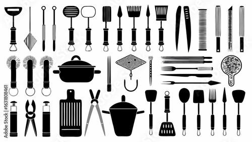 Illustration of various kitchen tools and utensils including pots spatulas and cutting boards in black and white silhouette