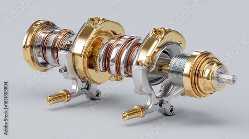 Detailed View of a Modern Turbocharger with Glossy Brass and Silver Finish for Automotive Applications