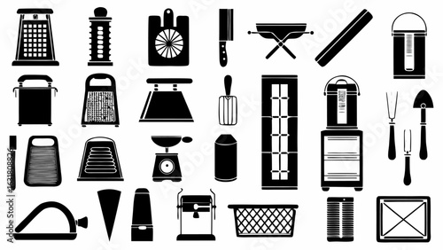 Illustration of various kitchen utensils and cooking tools in black and white silhouette style design art