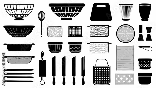 Illustration of various kitchen utensils including colanders whisks and cutting boards in black and white silhouette