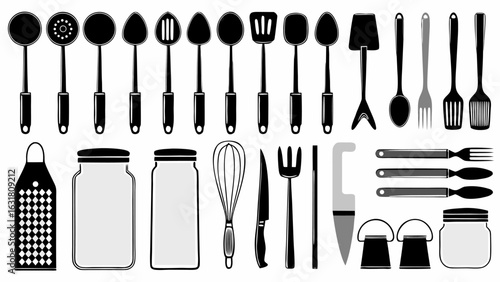 Illustration of kitchen utensils including spoons spatulas and jars in a black and white style silhouette