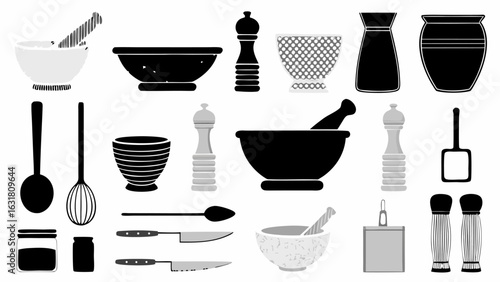 Illustration showcasing a collection of kitchen utensils including bowls, grinders, knives and containers silhouette