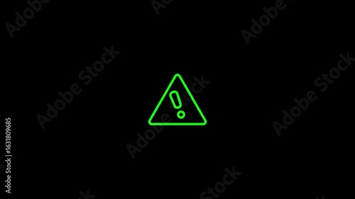 glow neon hazard triangle exclamation animation for Cyber warning, caution symbol for security risk notice motion graphic alert sign on black background for safety content and tech videos