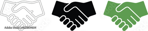 Three handshake icons in different styles and colors representing agreement and collaboration in business