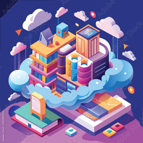 Isometric Book City: Vibrant, Colorful, Cloud-Based Education Concept