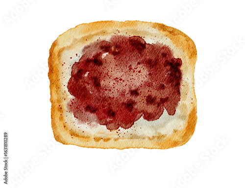 Watercolor painting of a slice of toast with a spread, likely red jam or preserves