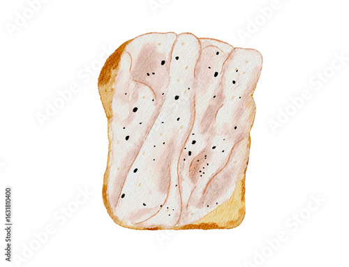 Watercolor illustration of a slice of toast topped with what looks like pieces of cooked chicken or turkey breast, seasoned with black pepper
