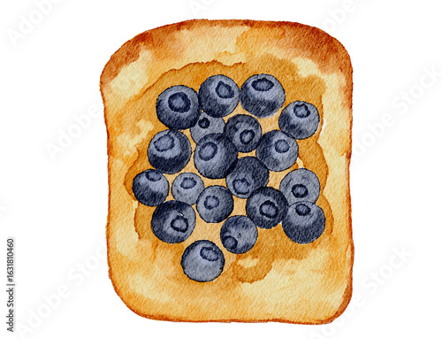 Watercolor illustration of a slice of toast covered with peanut jam and blueberries