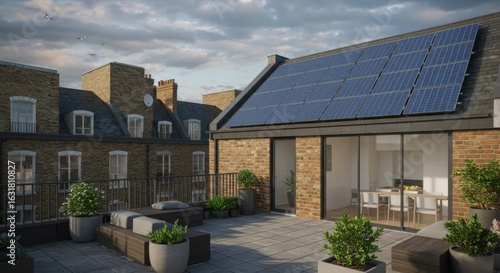 Modern rooftop terrace with solar panels on a sustainable urban building