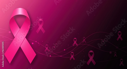 A pink breast cancer awareness ribbon on a pink background with smaller ribbons and abstract lines