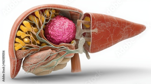Realistic 3D Render of Liver Cancer Anatomy Showing Liver Organ with Highlighted Tumor Area on White Background