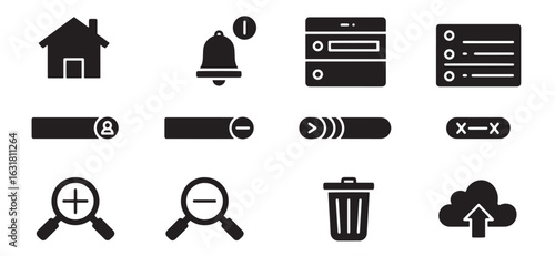 Collection of black and white user interface icons representing various functions and features