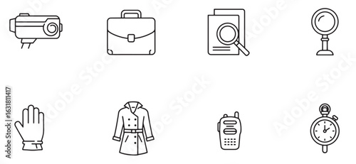 Collection of detective and investigator themed outlined icons on a white background