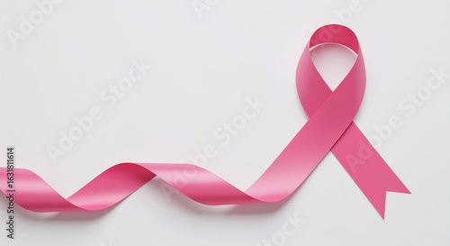 A pink breast cancer awareness ribbon on a white background with soft lighting and a clean presentation