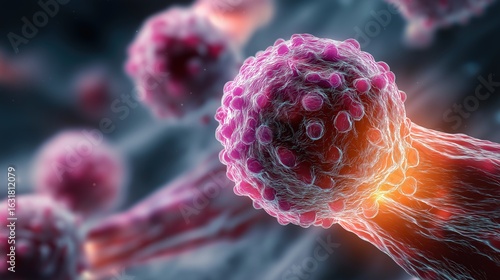 Realistic 3D Render of Lung Cancer Cells in Microscopic View with Glowing Affected Area on White Background