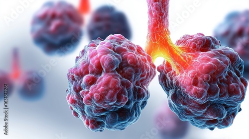 Microscopic Visualization of Lung Cancer Cells Highlighting Tumor with Glowing Effect on Clean White Backdrop