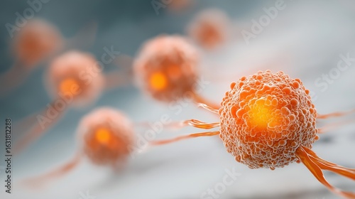 White Clean Background Showing Detailed 3D Render of Lung Cancer Cells with Emphasized Glowing Region