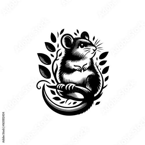 Vector art of charming mouse with leaves isolated on white background, a vintage design