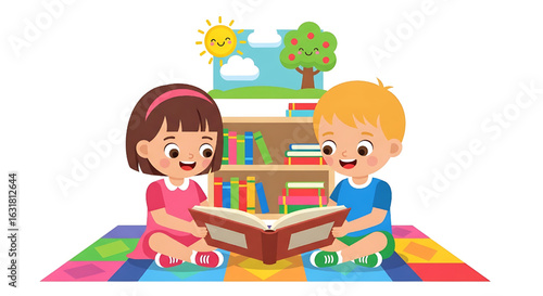Happy kids reading book together on colorful rug with bookshelf in background