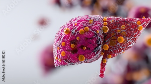 Liver Cancer Microscopic 3D Visualization with Abnormal Cells Highlighted Medical Scientific Render on White Background