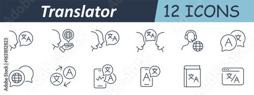 Translator set icon. Speech heads, globe icon, translation arrows, mobile screen, language bubbles, book conversion, headphone support, browser window, multilingual symbol
