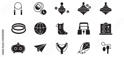Illustrated collection of various black silhouetted childhood toys and recreational objects