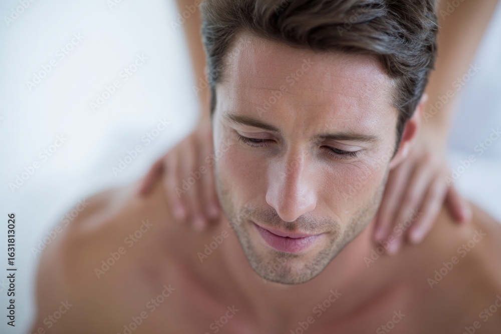Obraz premium A tranquil Caucasian male enjoys a gentle massage, evoking the serenity of World Wellness Weekend and National Relaxation Day