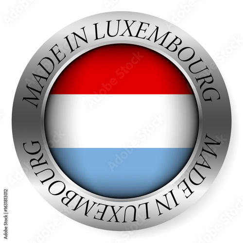 Made in Luxembourg button icon. Circular emblem with metallic border, glossy central flag, and bilingual label indicating product origin and international manufacturing identity.