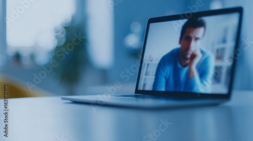 Laptop glows during virtual telecommute with introspective Caucasian male pondering Blue Monday's introspections and World Telecommunication Day