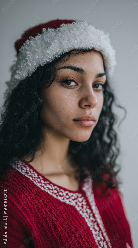 A contemplative young woman of mixed ethnicity, dressed in holiday crimson, captures the quiet magic of Hygge and St Lucia's Day A contemplative young woman of mixed ethnicity, dressed in holiday crimson, captures the quiet magic of Hygge and St Lucia's Day
