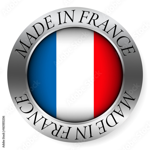 Made in France button icon. Circular emblem with metallic border, glossy central flag, and bilingual label indicating product origin and international manufacturing identity.
