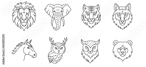 Minimalist line art illustrations of various wild animal head portraits in black and white