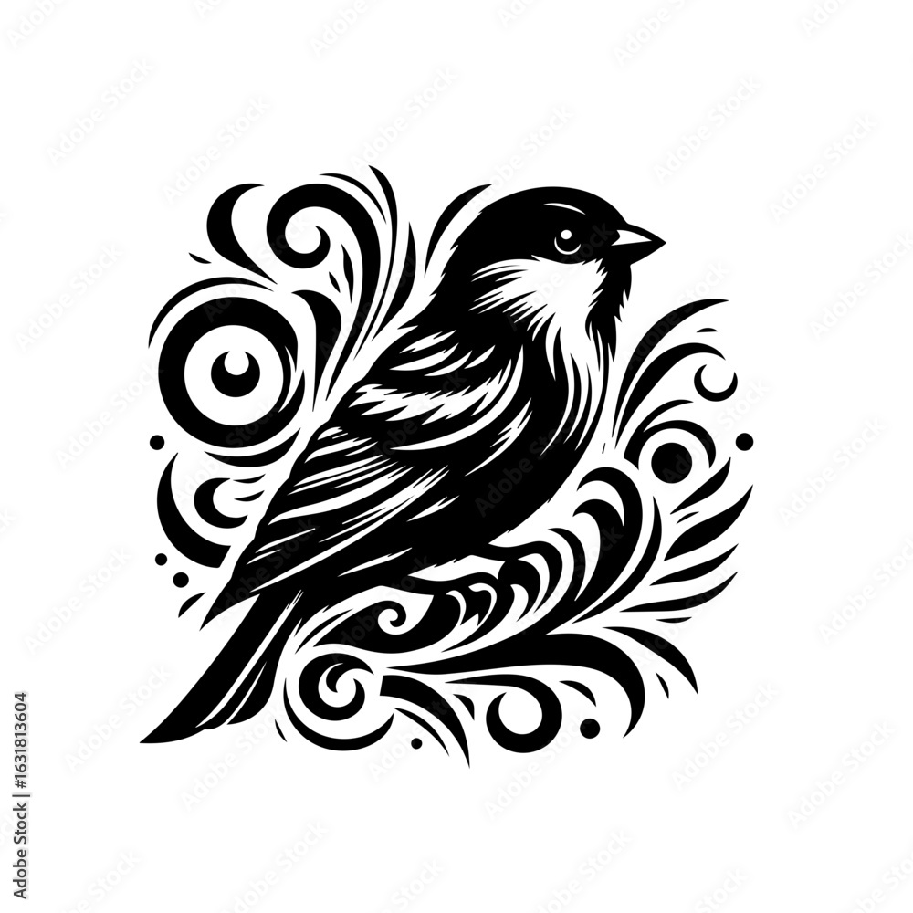 Fototapeta premium Vector art of bird on branch isolated on white background in vintage decorative style